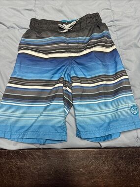 ZeroXposur Boys Blue and Black Striped Swim Trunks